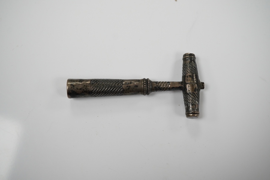 A George III silver travelling corkscrew, by Samuel Pemberton, circa 1800, maker's mark only, 78mm. Condition - poor